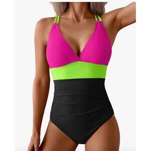 Women's One Piece Color Block Swimsuit Tummy Control Slimming  V Neck size L
